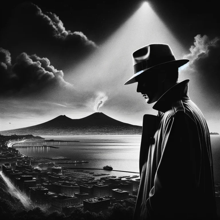 immagine in primo piano di un investigatore privato e sullo sfondo il golfo di napoli